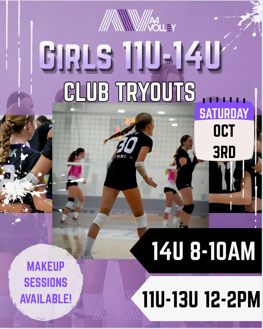 Girls 11U-14U Club Tryouts flyer — Saturday, October 3: 14U 8-10 AM, 11U-13U 12-2 PM, make-up sessions available