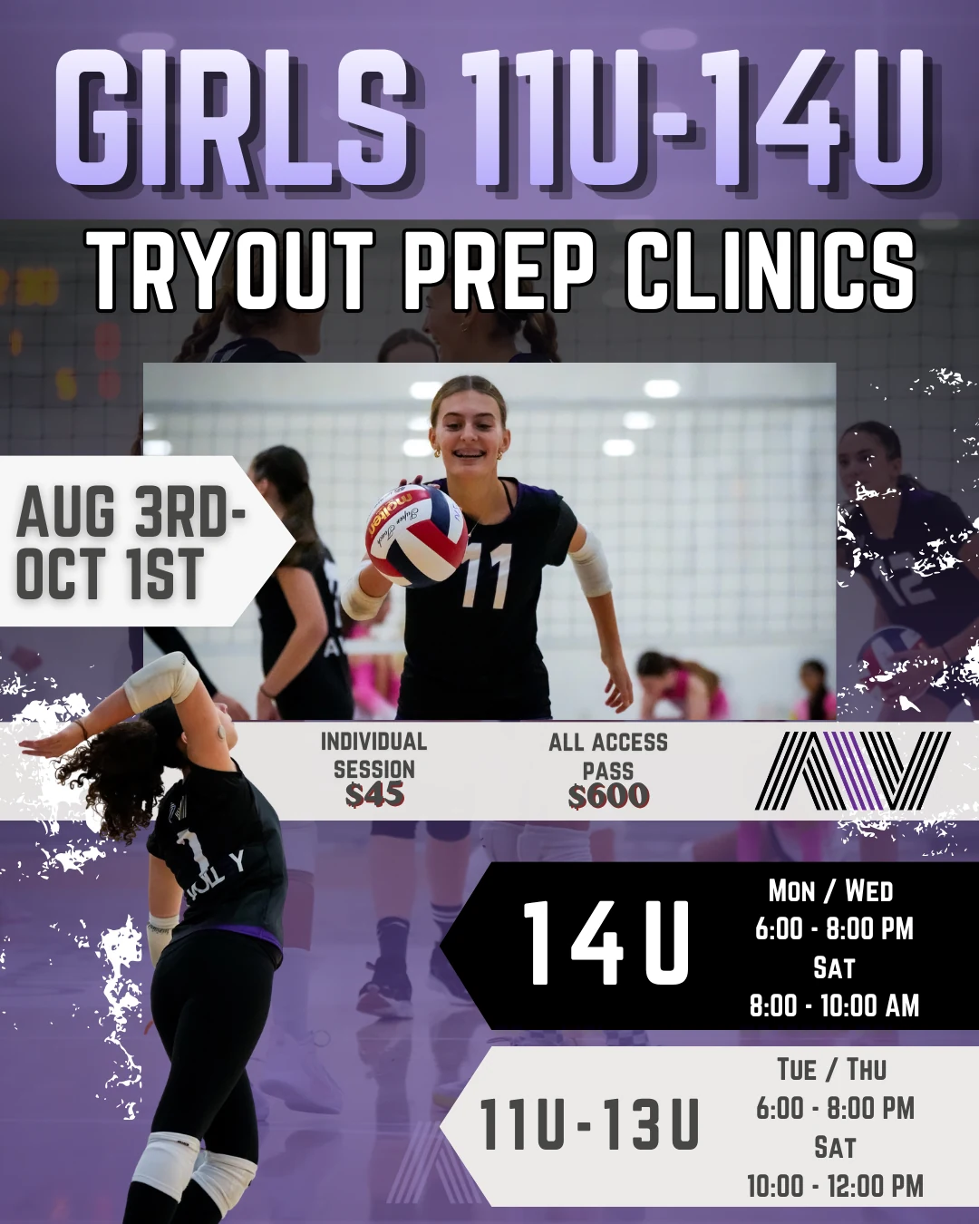 Girls 11U-14U Tryout Prep Clinics flyer — August 3 through October 1, session times and pricing
